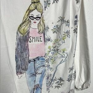 Zara White Long Sleeve Tee with Graphic Print and Floral Accents